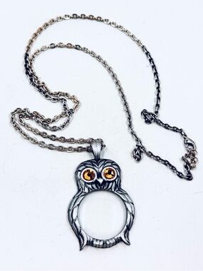 Silver Tone Owl Magnifying Glass Pendant with 30” Chain Necklace